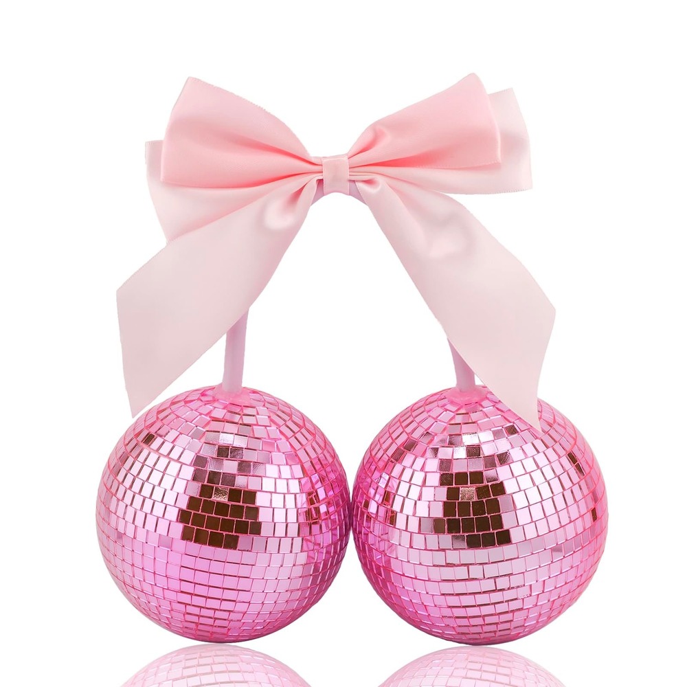 NWT Pink Cherry Disco Balls With Bow 3.9" Mirror Ball Hanging Decor